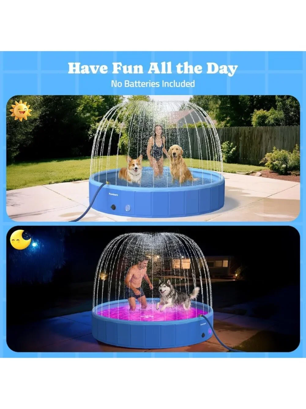 72” Foldable Dog Pool with Sprinkler & LED Light - Portable Pet Bathing Tub for